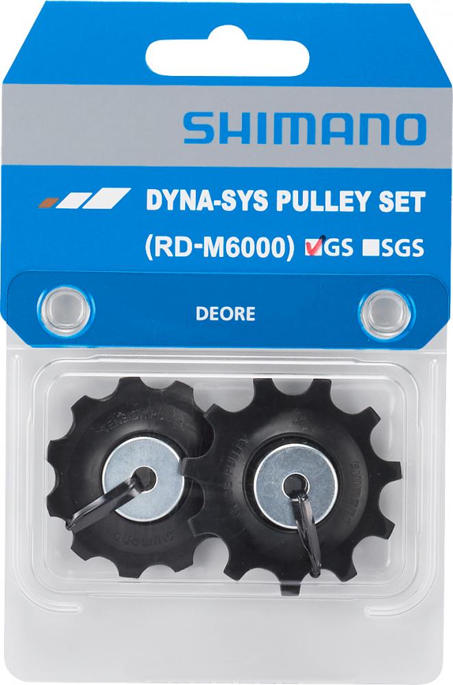 Shimano Deore RD-M6000-GS Schaltrollensatz mit zwei schwarzen Schalträdchen in blauer Originalverpackung.