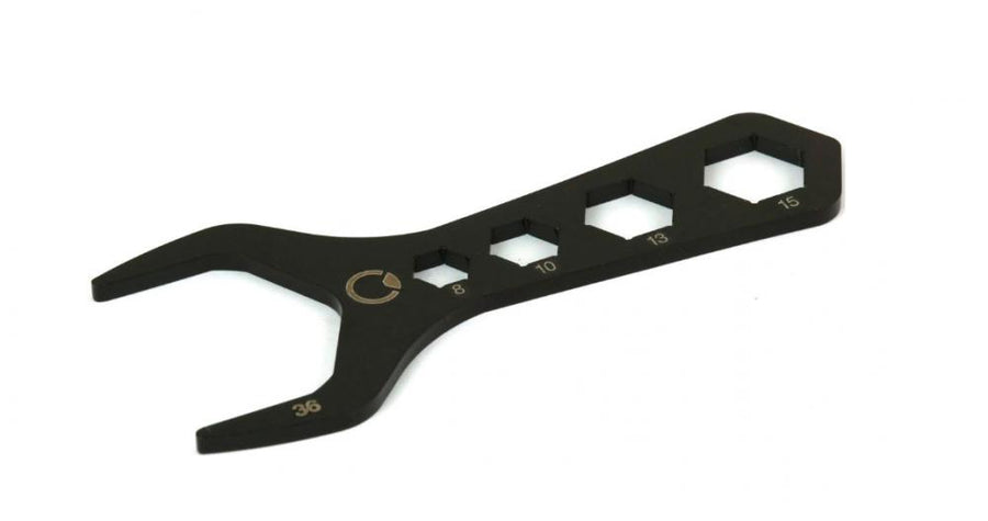 Schwarzer By.Schulz Multifunktionsschlüssel SW36 für Fahrrad-Steuerlager, mit 1 1/8" Maulschlüssel und Sechskant 8, 10, 13, 1