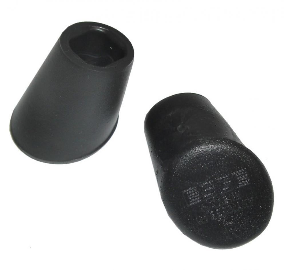 Zwei schwarze Esge Ständer-Plastikfüße F 24 für Zweibeinständer, mit sechseckiger Öffnung und ESGE Logo.
