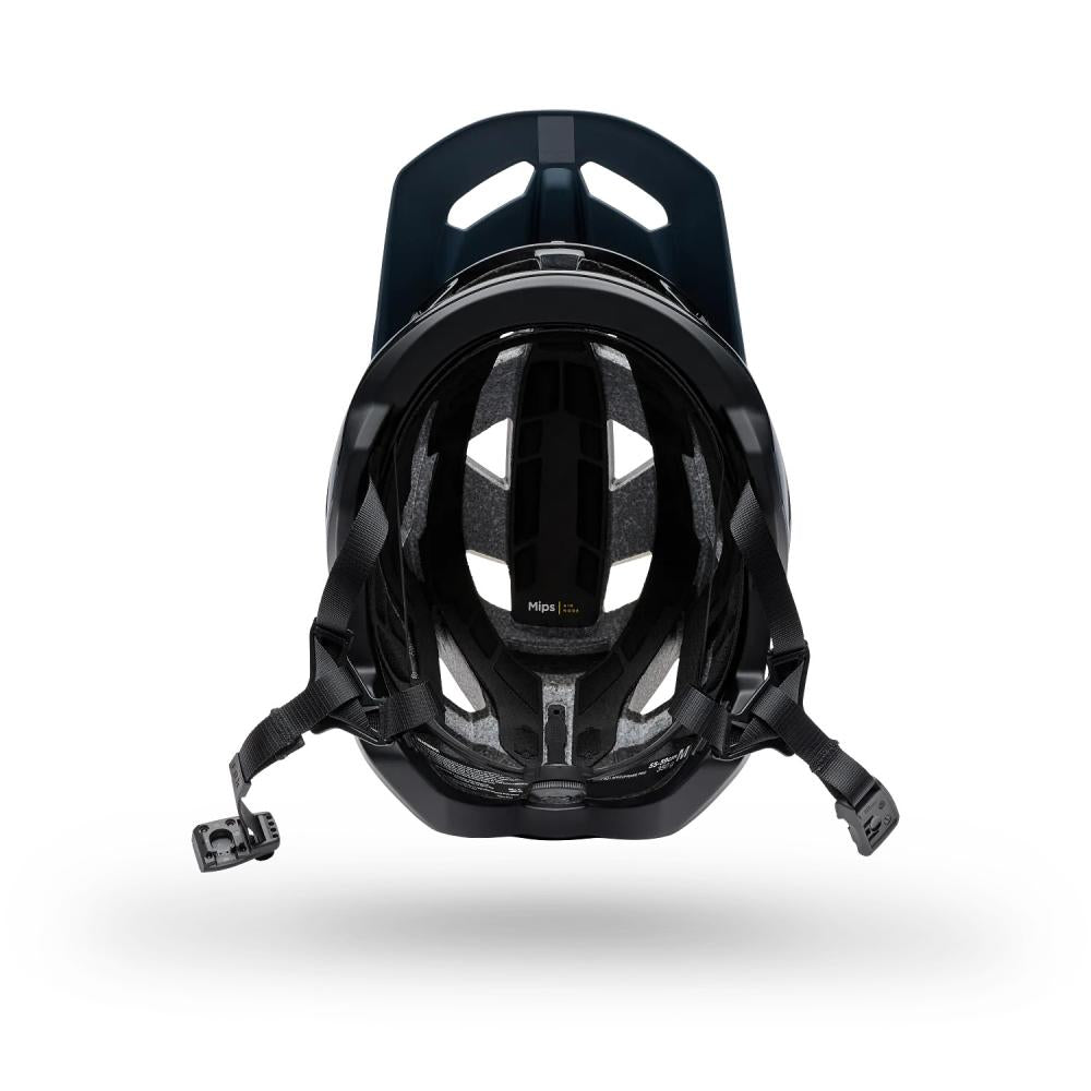 FOX Speedframe Pro Sense MTB-Helm (Galaxy Blue) von unten, Mips-System, Riemen und Visier sichtbar.
