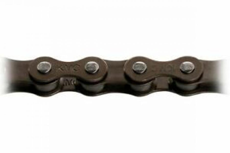 Nahaufnahme der KMC Z1 WIDE 1-fach Fahrradkette für Nabenschaltung, rostfrei, braune Glieder, 1/2 x 1/8 Zoll.