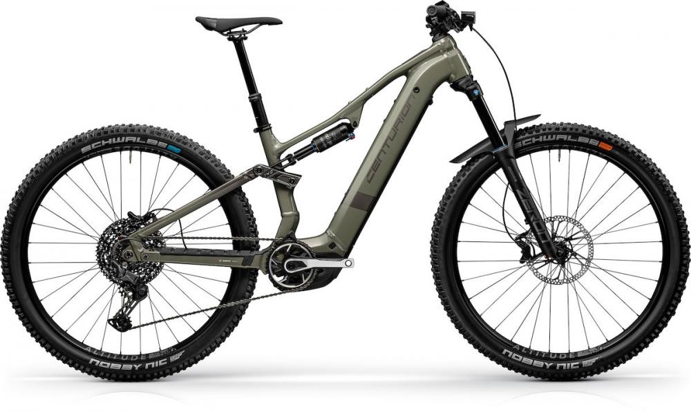 Centurion Numinis R1000 EP1 vollgefedertes E-MTB in Moosgrün, Seitenansicht.