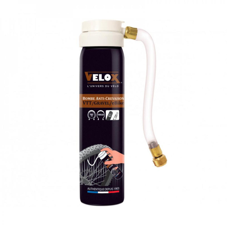 Velox Pannenspray repariert und pumpt Fahrradreifen (VTT/Gravel/eBike) mit AV/SV Ventilen auf, kompakter Behälter mit Schlauc
