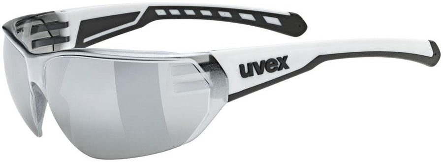 UVEX equate Sportbrille weiß matt mit silber verspiegelten Gläsern für Radsport und Outdoor Aktivitäten.