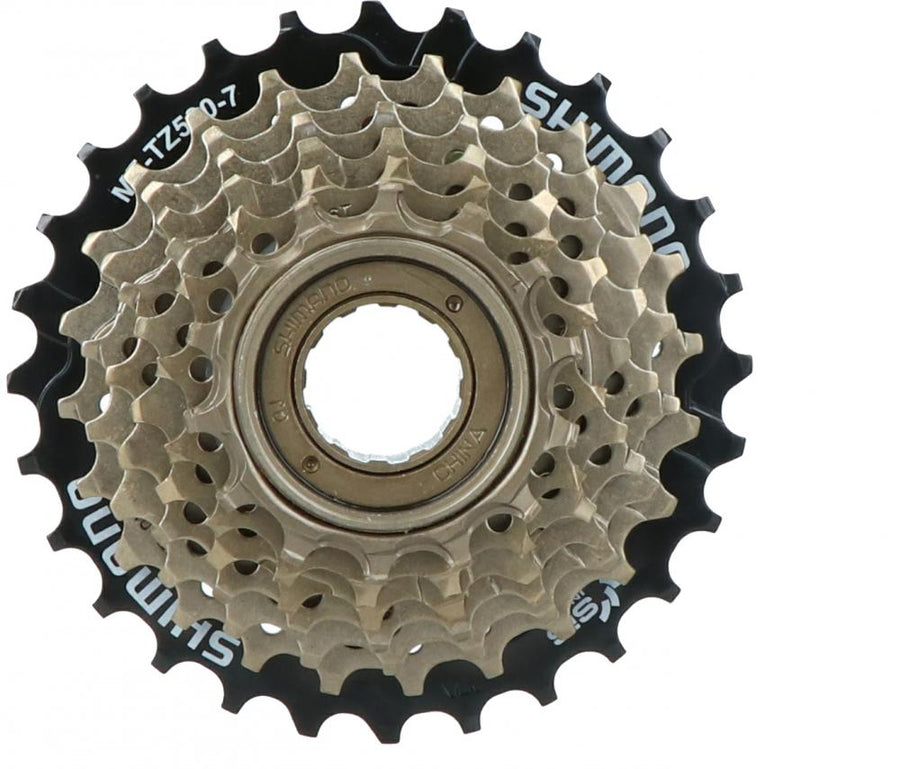 Shimano TZ500 Schraub-Zahnkranz 7-fach 14-28 Z braun für zuverlässige Schaltperformance am Fahrrad.