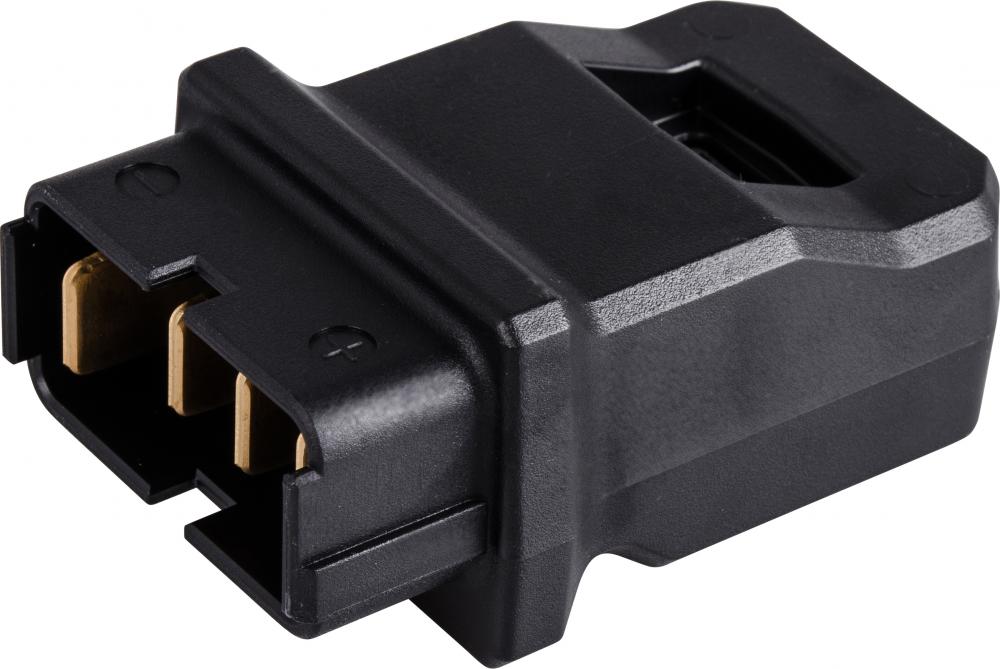 Schwarzer SHIMANO Ladeadapter für E-Bike Akkus BT-E6000, BT-E6001, BT-E6010 mit drei goldenen Kontakten.