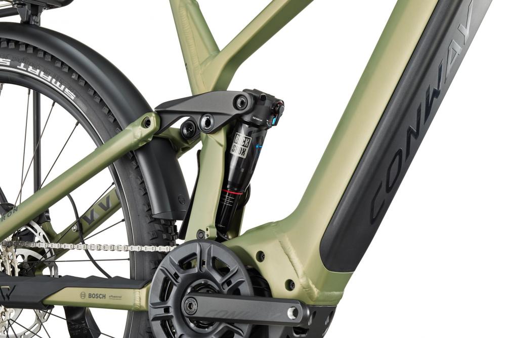 CONWAY Elektro-SUV "Xyron SUV 4.0" (#1), Full Suspension, 29", reseda green matt, 12-Gang SHIMANO "Deore", 40 cm / SnnDas Elektro-SUV ist mit einem Aluminiumrahmen ausgestattet und verfügt über eine Federgabel mit einem Gabelfederweg von 150 mm. Im Rahmen