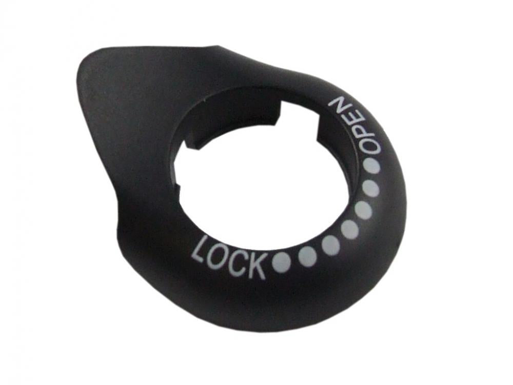 Schwarze SR-Suntour Abdeckkappe rechts für SF11-NCX-ELO-LITE-700C mit LOCK/OPEN Schriftzug und Punkten.