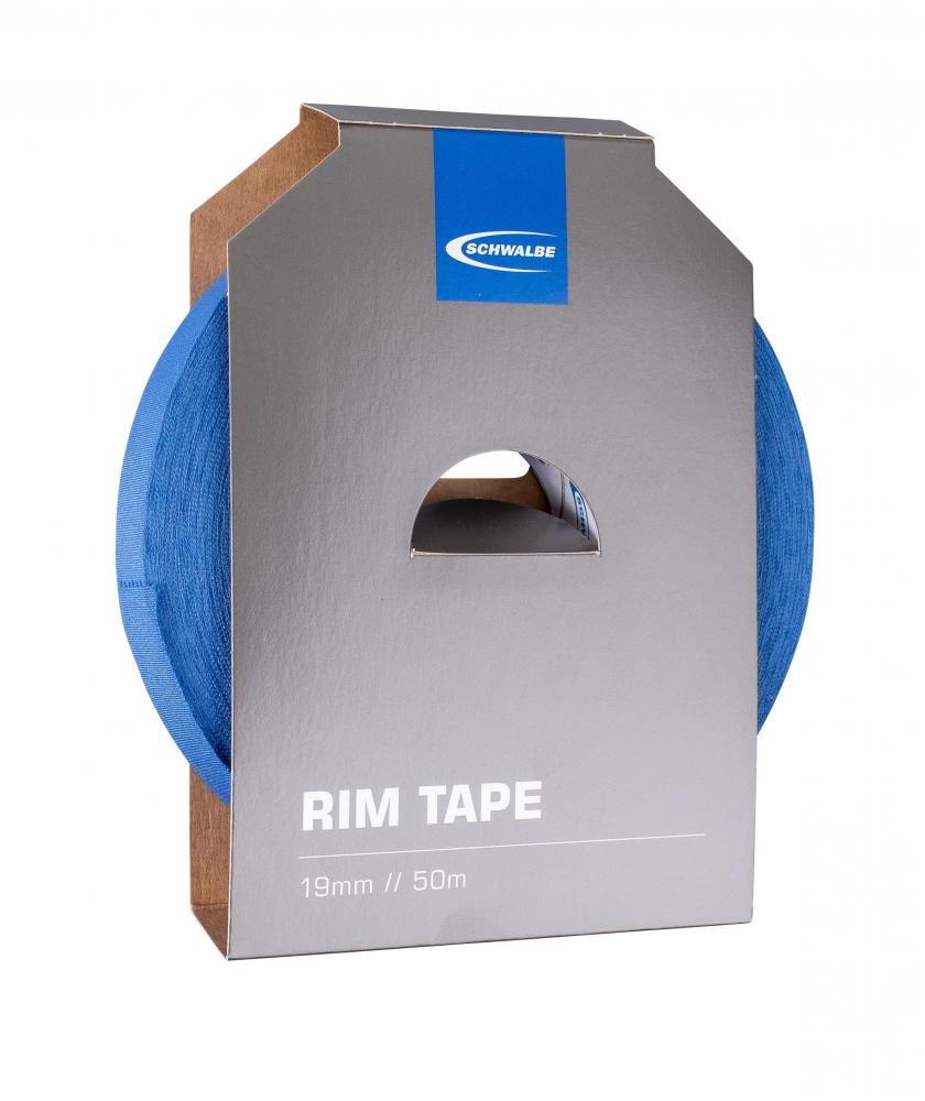 Schwalbe Gewebefelgenband 19mm x 50m selbstklebend für Fahrradfelgen, blaue Rolle in Box.