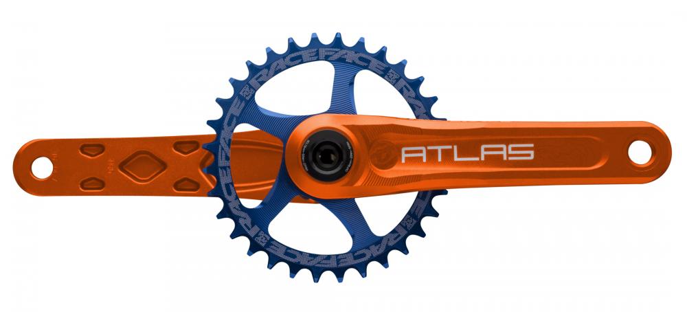 Race Face Atlas Kurbelset orange mit blauem Kettenblatt, 165mm, 83mm, 30mm – robuste Gravity-Kurbel für Kontrolle.