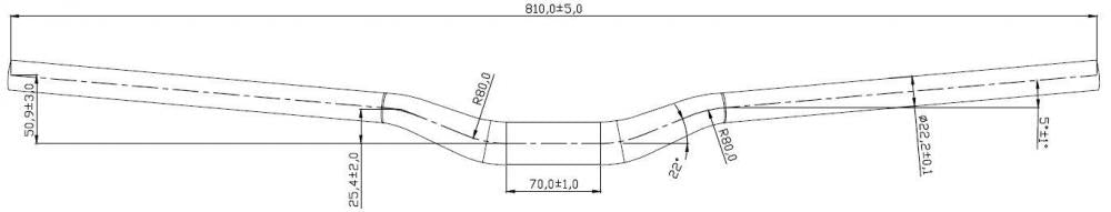 NG Sports Theta V2 Riser Lenker technische Zeichnung. 810mm Breite, 31.8mm Klemmung, 25.4mm Rise, schwarz matt.