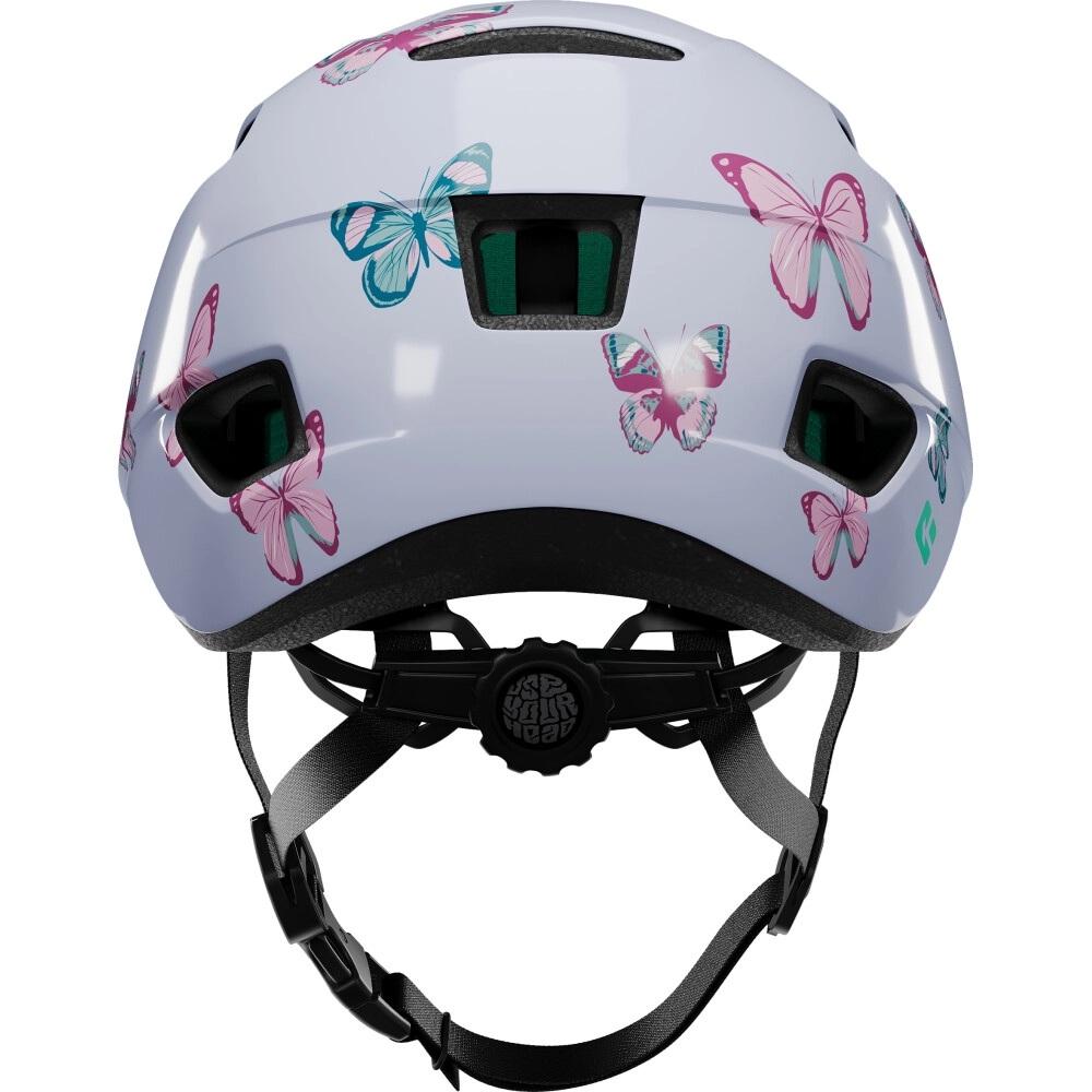 LAZER Nutz 2.0 KinetiCore Kinder-Fahrradhelm, helllila mit bunten Schmetterlingen, Rückansicht.
