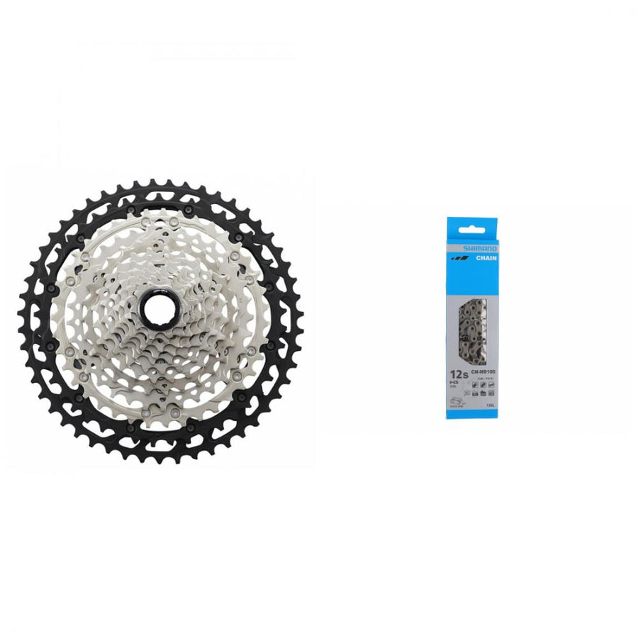 Shimano DEORE XT CS-M8100 12-fach Kassette 10-51 und CN-M8100 Kette für präzise Schaltperformance.