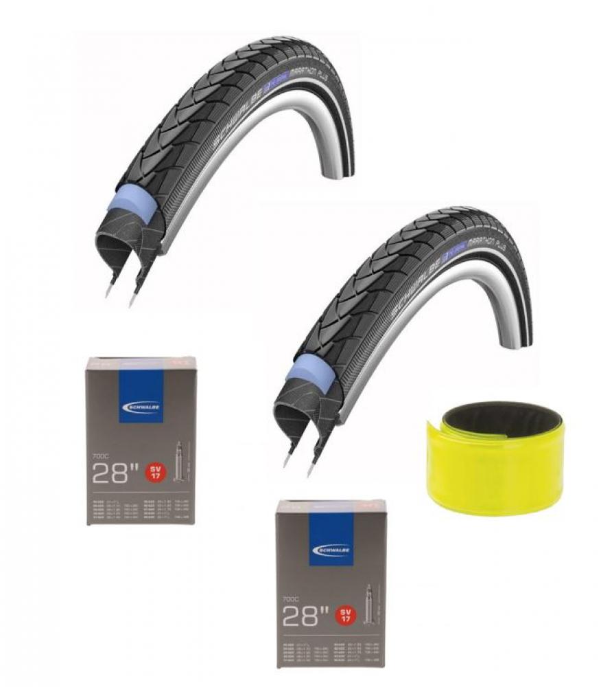 Schwalbe 2x Drahtreifen MARATHON PLUS 28x1.50 + 2x Schlauch SV17 28x1.10-1.75\" + 1x Arm-/Knöchelband 3,0 x 34cm