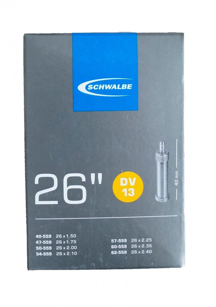 Schwalbe DV13 Fahrradschlauch 26 Zoll Box, 40mm Ventil, passend für 26x1.50 bis 2.40 Reifen.