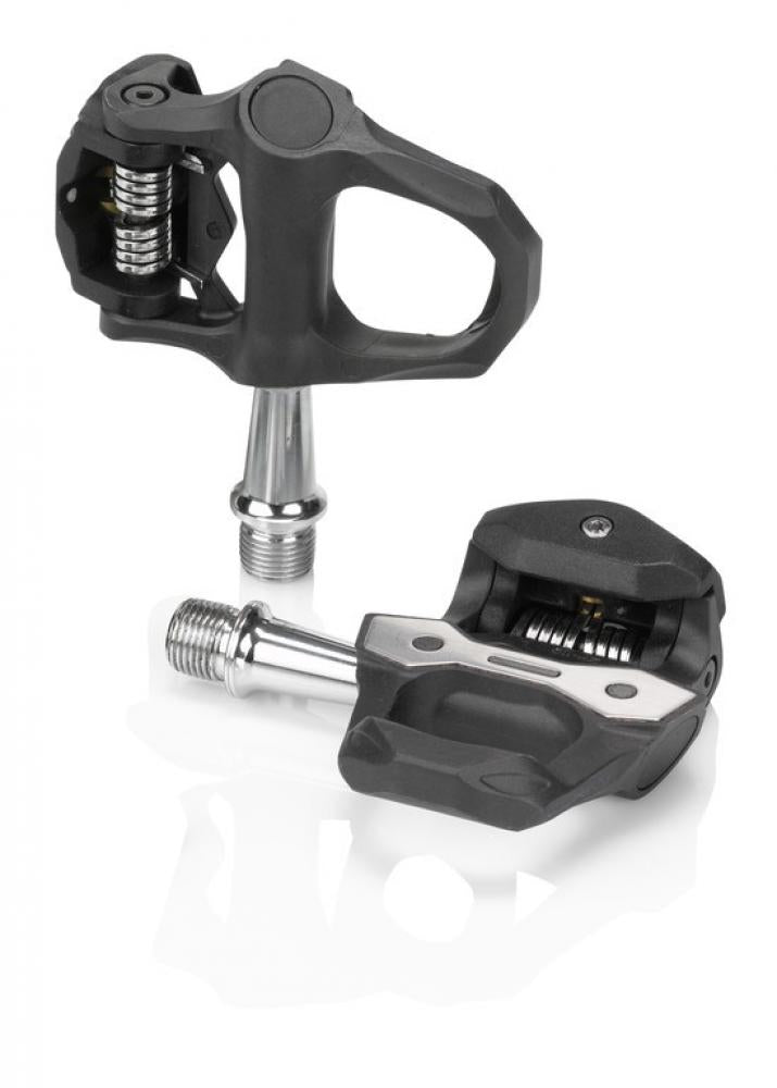 Zwei schwarze XLC Road-Pedal PD-R04 Rennradpedale, Look-Keo-kompatibel, mit glänzenden Achsen.