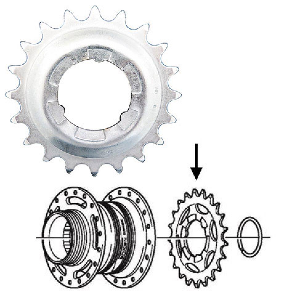 SHIMANO NEXUS Ritzel 20 Zähne, silber, mit Installationsskizze für Nabenschaltung.
