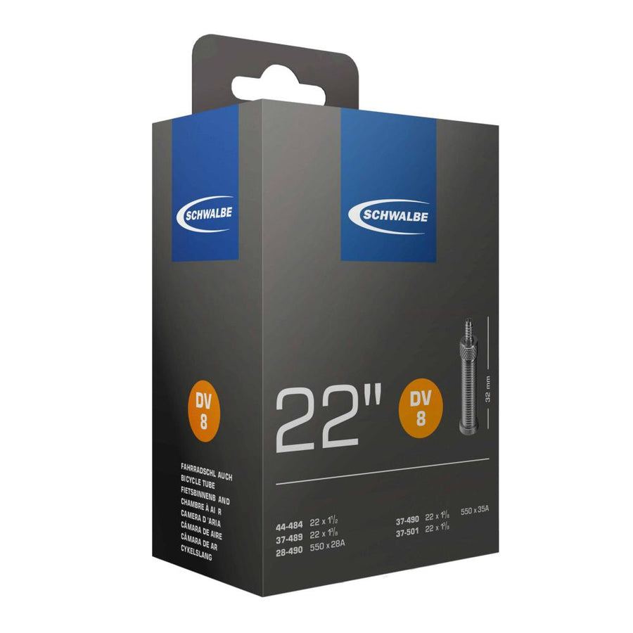 Schwalbe Fahrradschlauch DV8 für 22 Zoll Reifen (28/37-489/501) mit 32mm Dunlop-Ventil, in Box.
