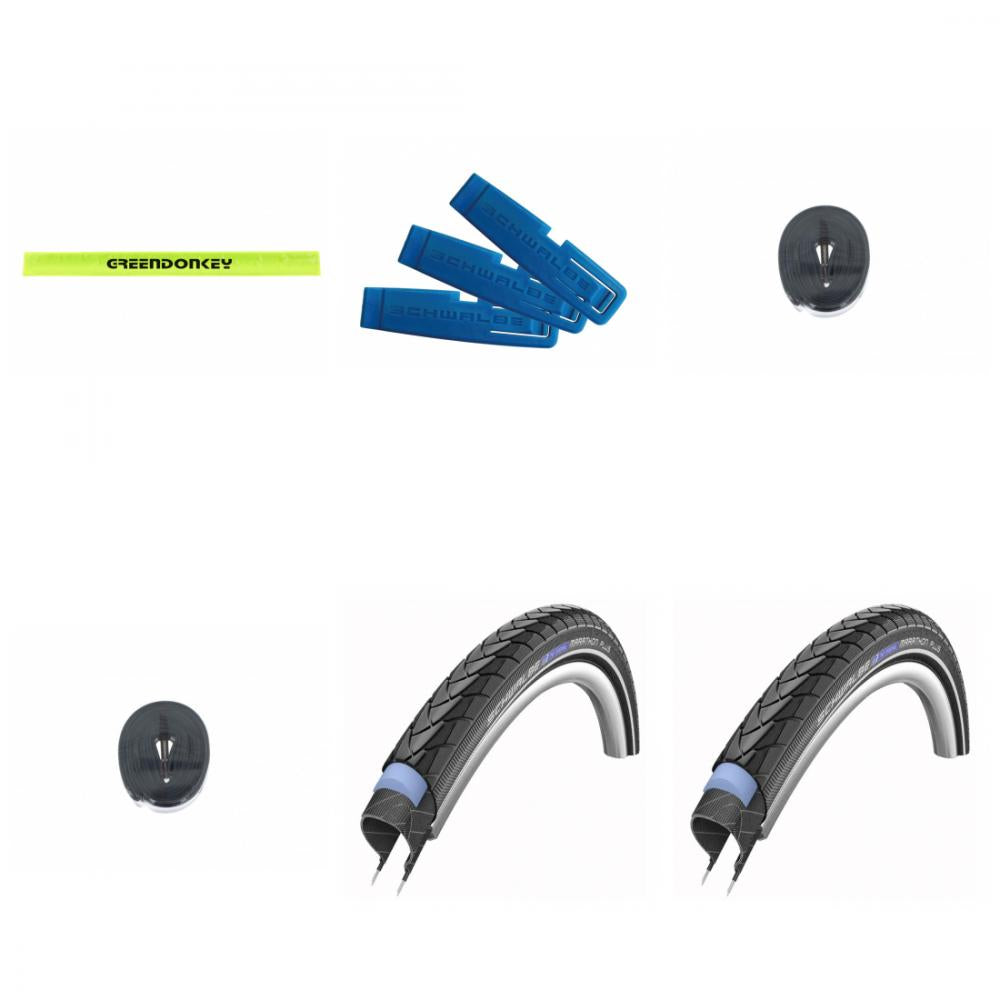 Schwalbe Marathon Plus 28x1.50 Reifen-Set mit 2 DV17 Schläuchen, Reifenhebern und GREENDONKEY Reflexband.