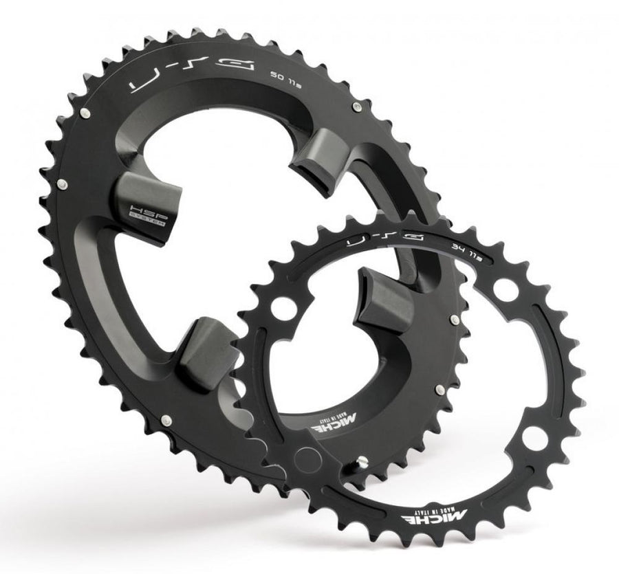 Miche Super11 UTG Kettenblätter für Shimano Ultegra 6800. Zwei schwarze Fahrrad-Kettenblätter mit 11-fach Kompatibilität.