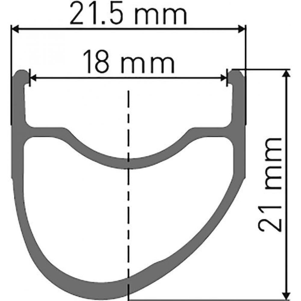 DT Swiss RR 411 Asymmetric Rennrad-Felge Querschnitt mit Maßen: 21.5mm Außen-, 18mm Innenbreite, 21mm Höhe.