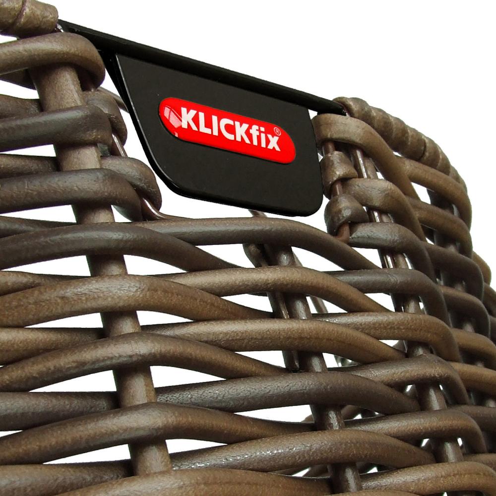 KLICKfix Vorderradkorb Structura oval, braun geflochten, Detailansicht mit Logo.