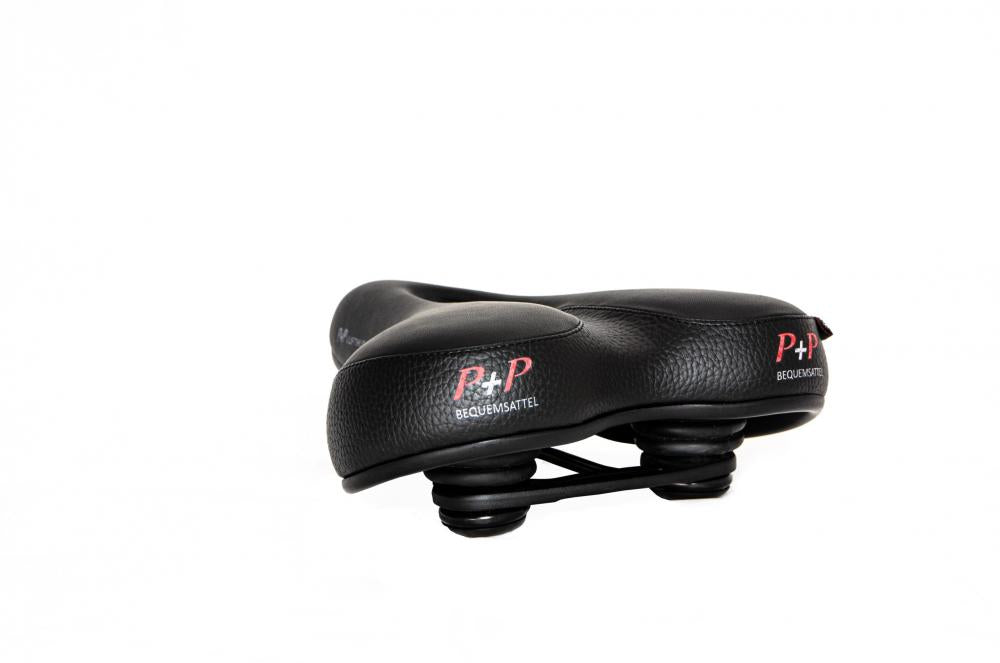 Schwarzer P&P Luftikus Neo Bequemsattel mit Luftkammer und ergonomischer Polsterung für City- und Trekkingräder.