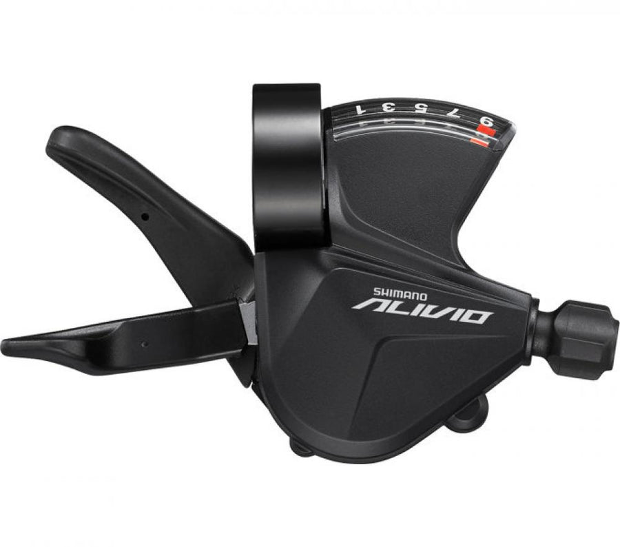 Shimano Alivio SL-M3100 9-fach rechter Fahrrad-Schalthebel mit Schelle für präzise Schaltperformance am Schaltwerk.