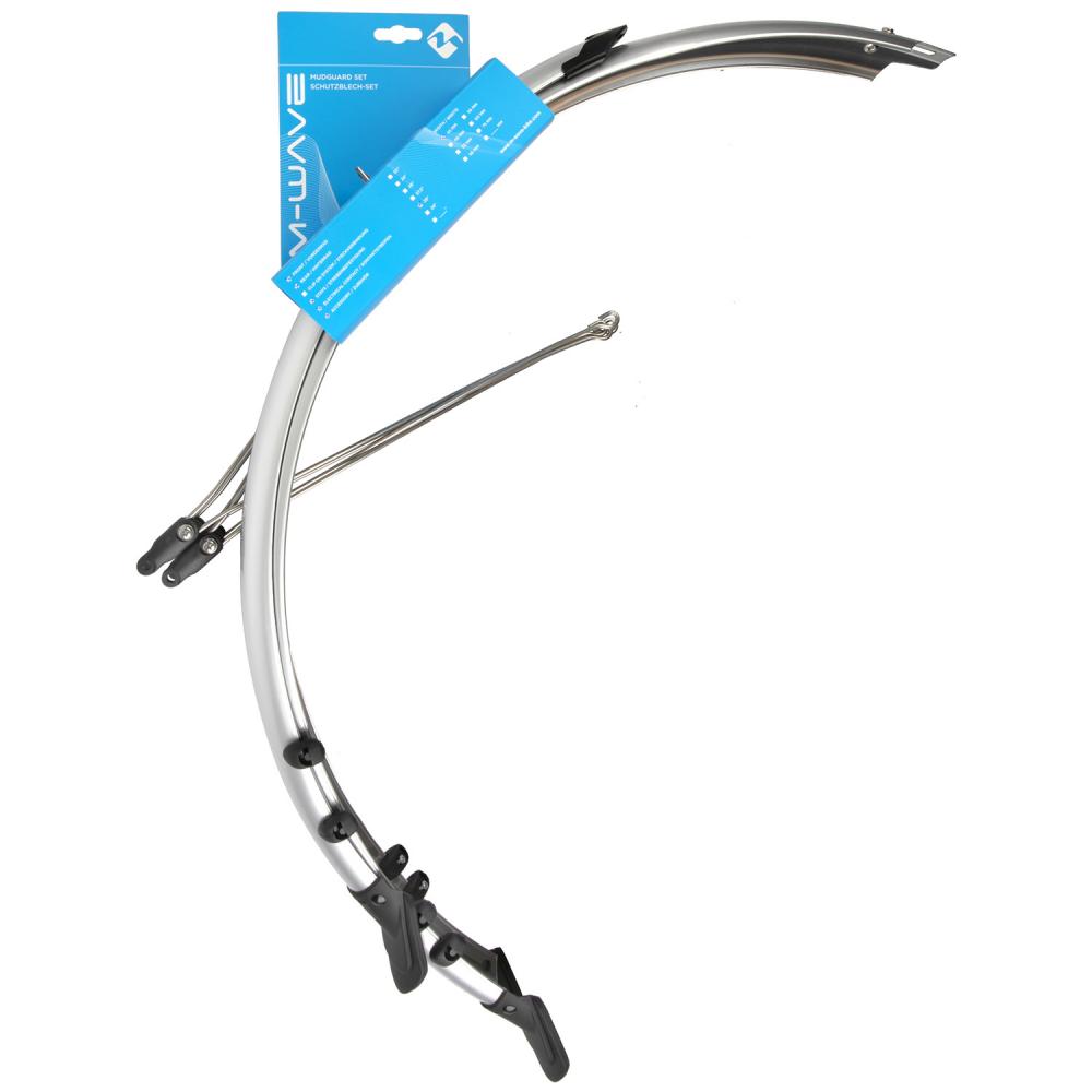 M-Wave Schutzblech-Set 28 Zoll silber aus Kunststoff mit Streben, Kontaktstreifen und Lichtkabel, 45 mm breit.