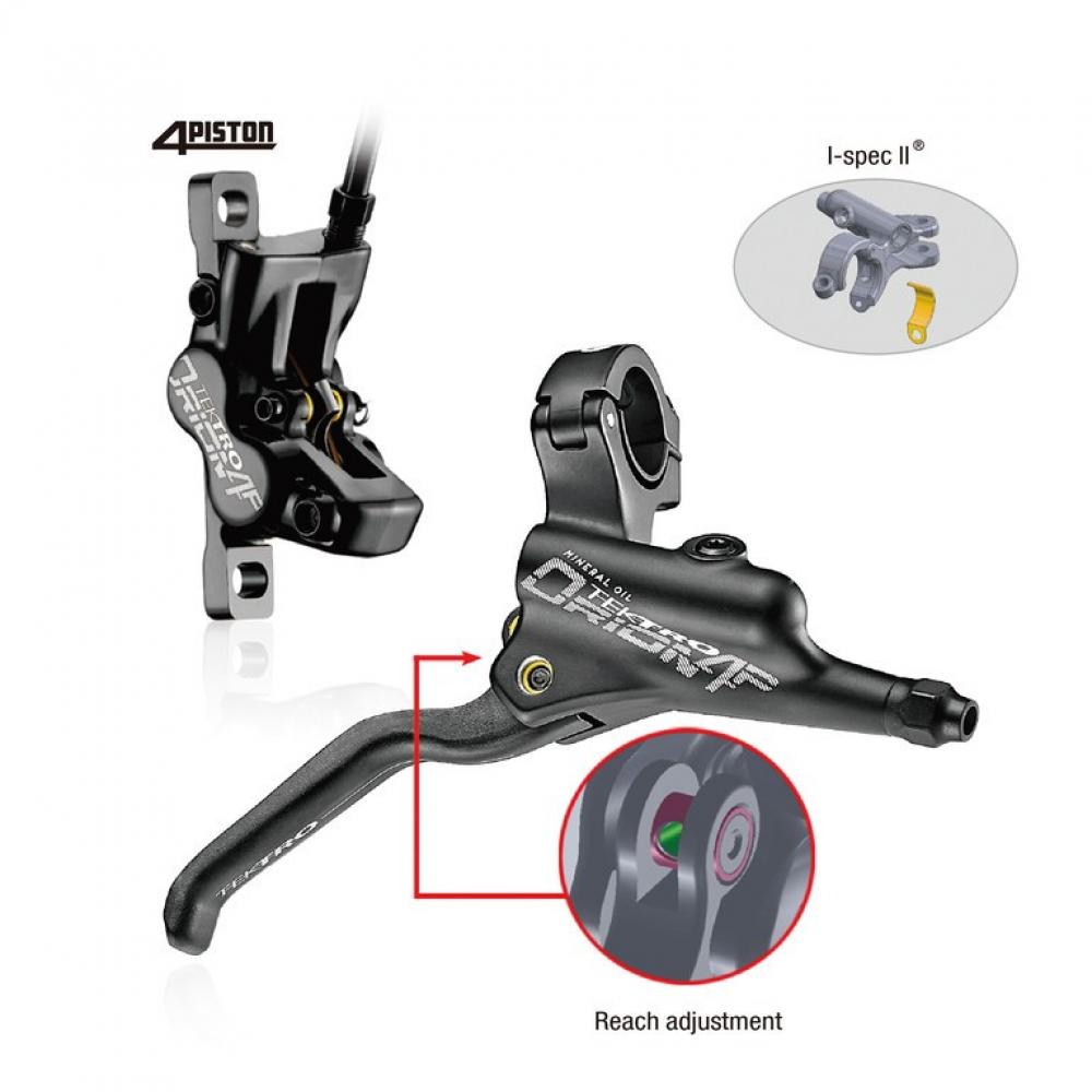 TEKTRO Orion 4P HD-M745 schwarze 4-Kolben Scheibenbremse, Hebel mit Reach Adjustment und Bremssattel.