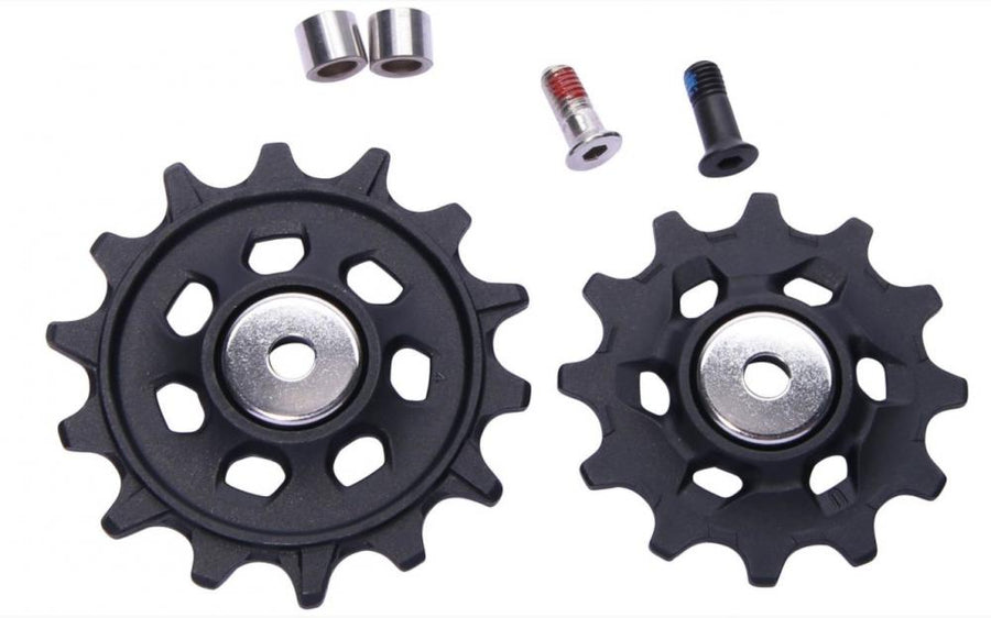 SRAM NX Eagle 12-fach Schaltrollen-Kit mit 2 schwarzen Ersatz-Schaltrollen, Distanzhülsen und Schrauben.