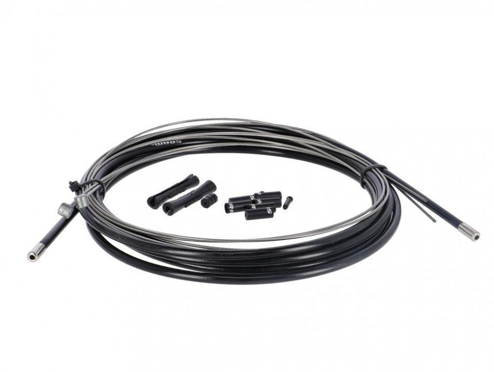 SRAM Bremskabel-Kit schwarz mit 5mm Außenhülle, 1,5mm Innenzügen und Endkappen auf weißem Hintergrund.