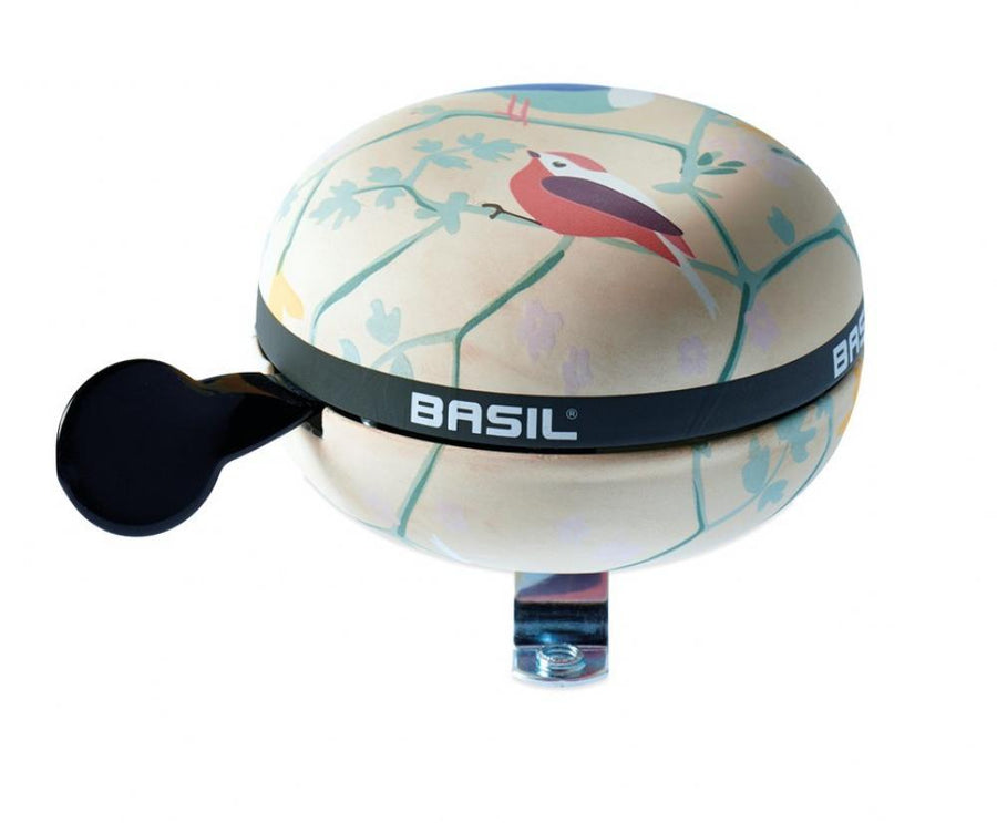 Basil Ding-Dong Fahrradklingel Wanderlust elfenbeinweiß mit Vogel- und Blattmotiv, Ø80mm.