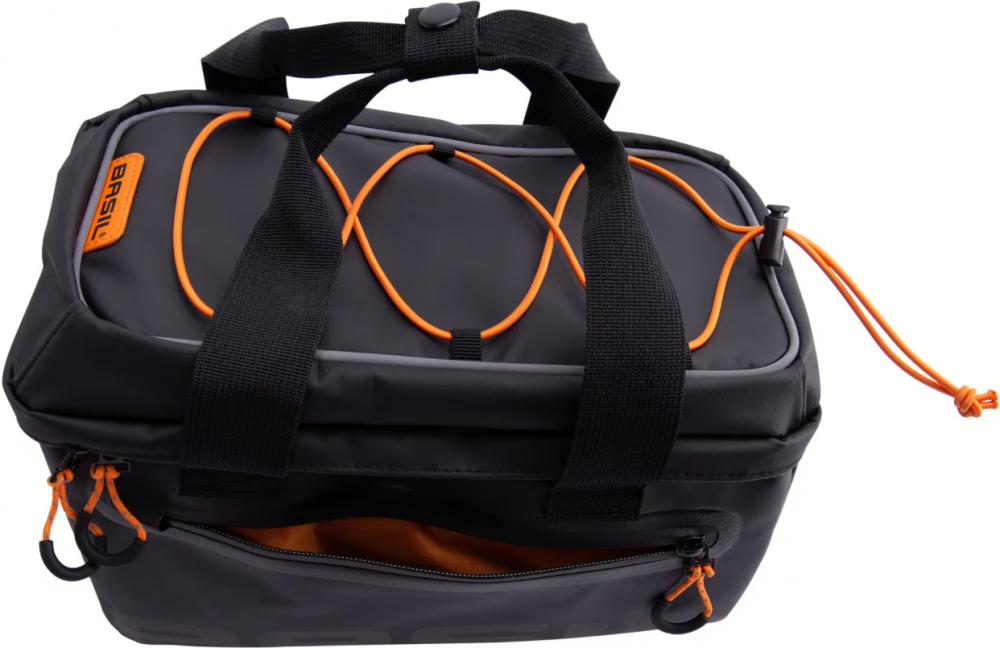 Basil Gepäckträgertasche Gepäckträgertasche Miles Tarpaulin MIK 2.0 - 7 Liter - wasserdicht schwarz-orange mit MIK-Adapterplatte