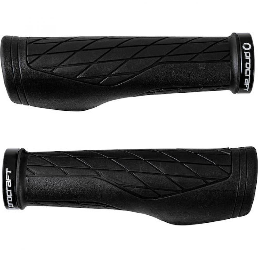 Procraft Lenkergriff Comfort Pro 132 mm, schwarze ergonomische Fahrradgriffe mit Rautenmuster und Klemmringen.