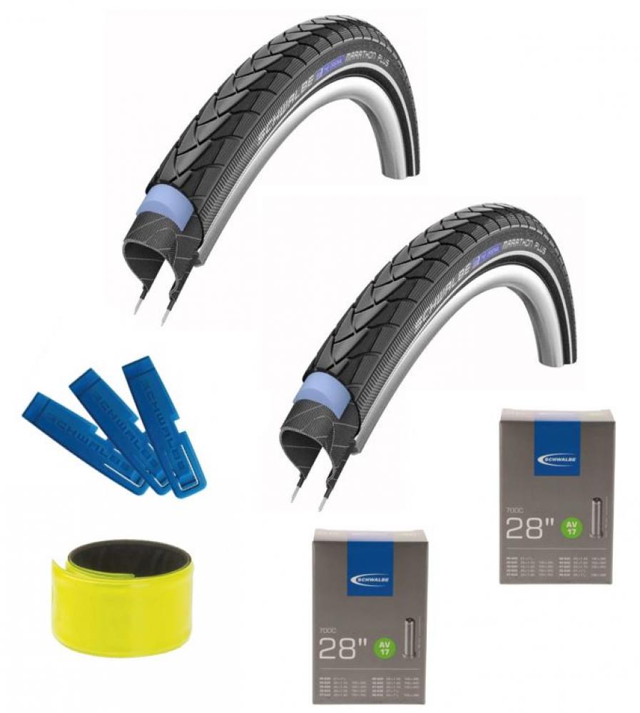 Schwalbe Marathon Plus 28x1.50 Reifen Set mit 2x AV17 Schläuchen, Reifenhebern & Reflexband.