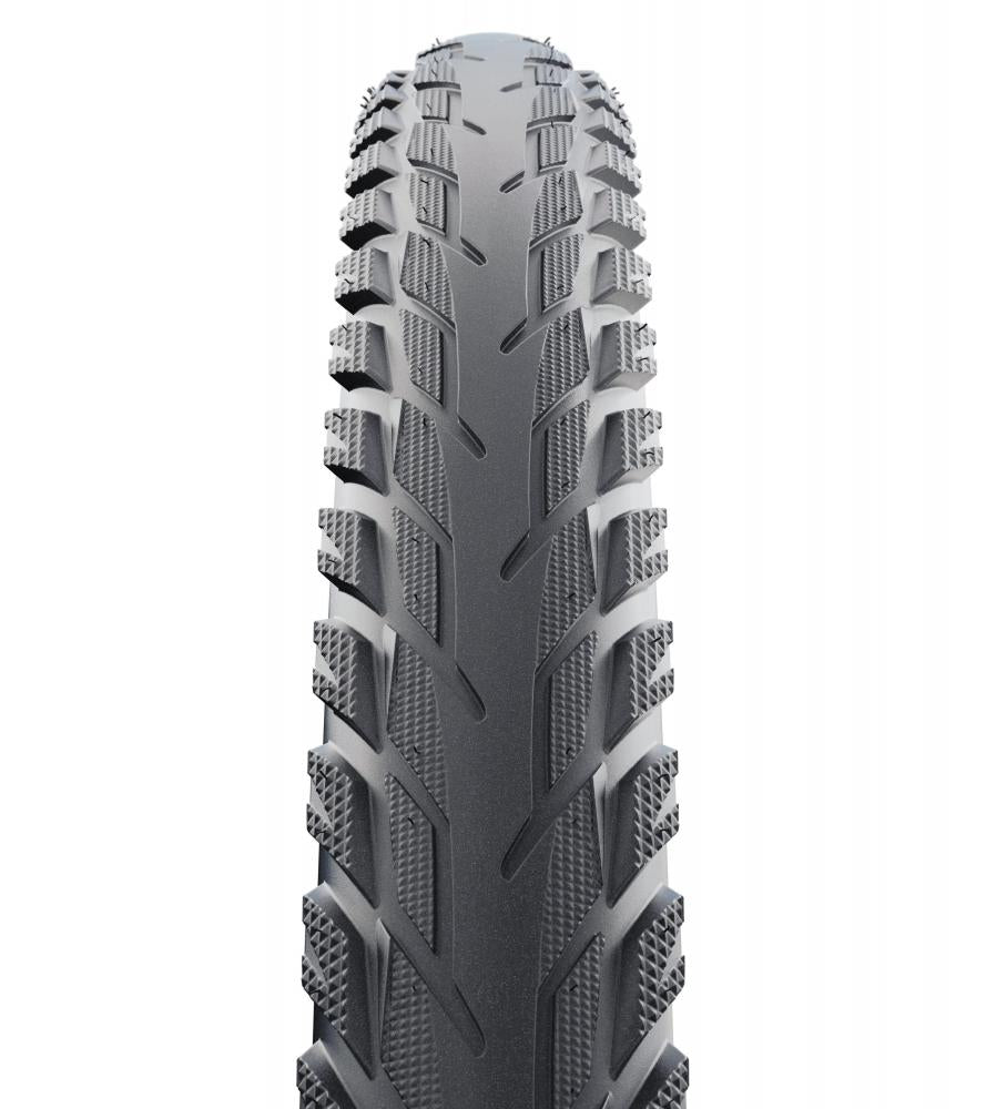 Schwalbe Silento 26x1.75 Zoll Fahrradreifen 47-559 mit K-Guard Pannenschutz und Active Line Profil in Nahaufnahme.