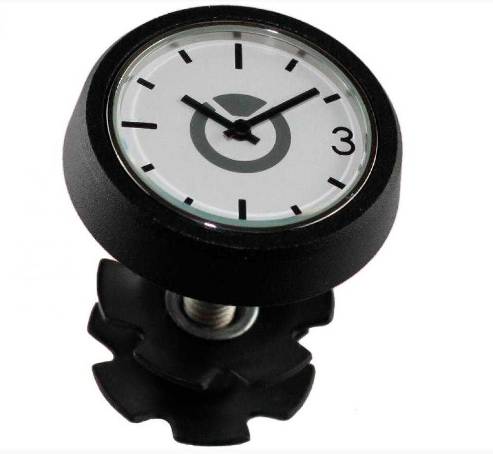 Schwarze by.schulz Ahead Clock Steuerrohrkappe aus Aluminium mit integrierter analoger Uhr für das Fahrrad-Steuerrohr.