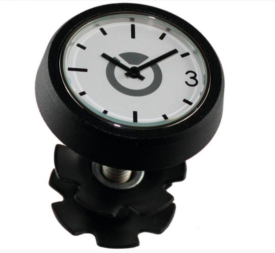 Schwarze by.schulz Ahead Clock Steuerrohrkappe aus Aluminium mit integrierter analoger Uhr für das Fahrrad-Steuerrohr.