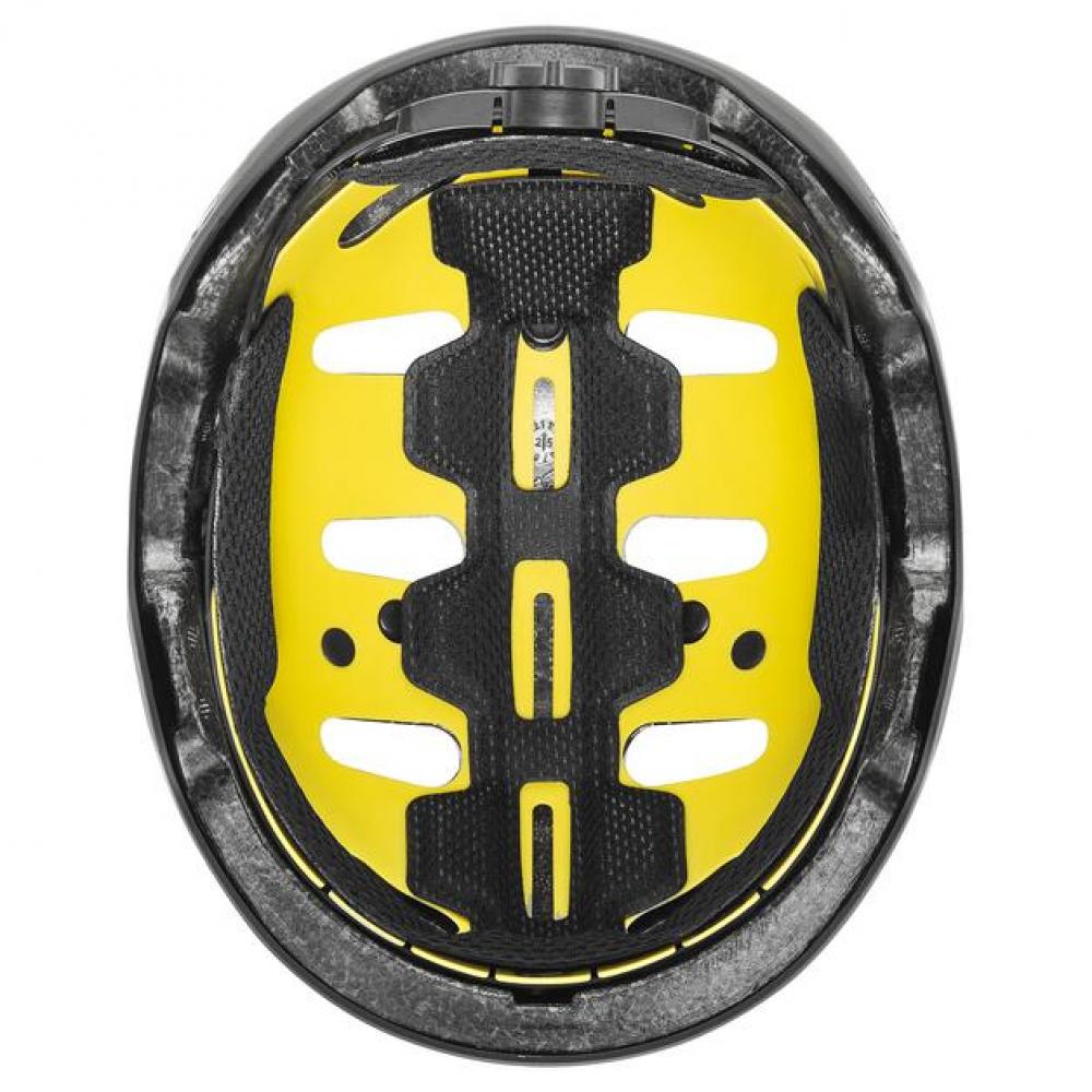 Innenansicht uvex kid 4 style MIPS Kinderhelm dirt black matt mit gelbem MIPS-System und schwarzer Polsterung.