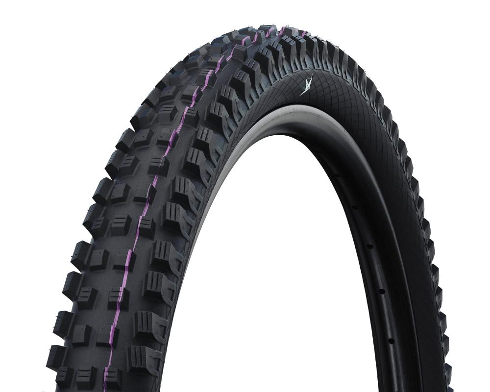 Schwalbe MAGIC MARY Evolution Line Faltreifen 27,5x2,6 Zoll schwarz mit lila Streifen, ultimativer Gravity-Reifen.