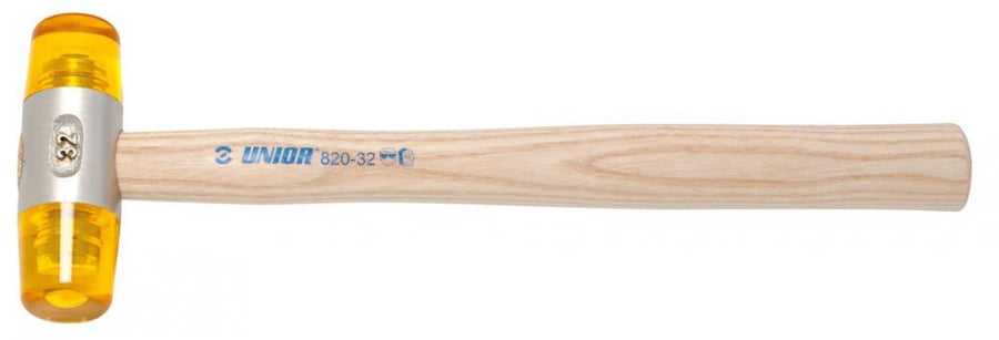 Unior Schonhammer 820, Ø 32mm, 300mm Länge, Holzstiel, auswechselbare Köpfe, ölbeständig, Härte 60-70 SHORE, Graugussmittelstück, Celidor Material