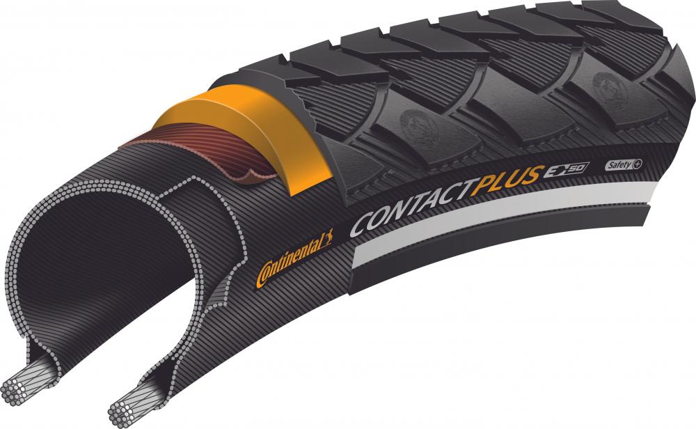 Continental Contact Plus E-50 Reflex Drahtreifen. Schnittbild zeigt Pannenschutz, Profil und Reflexstreifen.