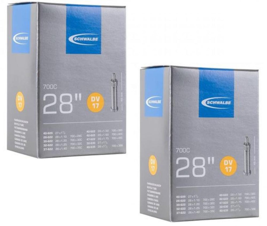 Zwei Schwalbe DV17 Fahrradschläuche 28 Zoll für 28-47mm Breite mit 40mm Dunlop-Ventil in Originalverpackung.