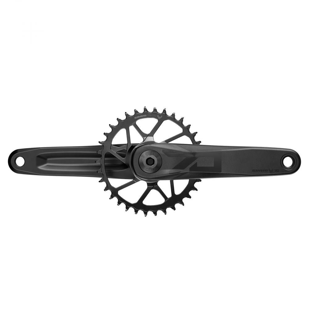 Robuste schwarze SRAM Eagle 70 T-Type Kurbelgarnitur 175mm mit Kettenblatt und DUB Wide Achse.