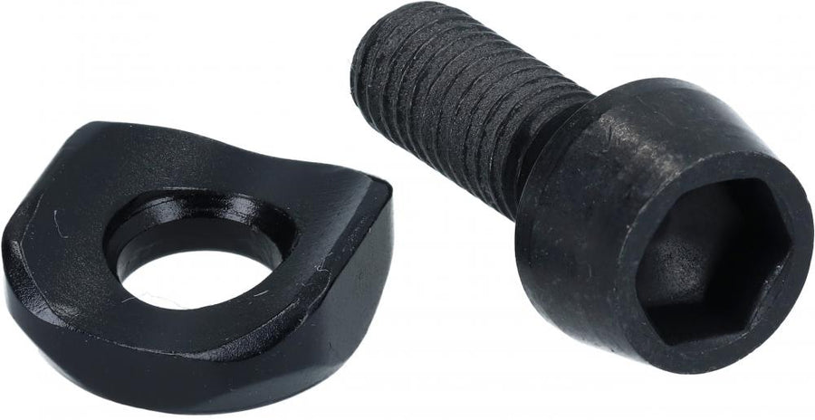 Schwarze SHIMANO Klemmschraube FD-R9250 und zugehöriges Klemmteil für Fahrrad-Umwerfer.