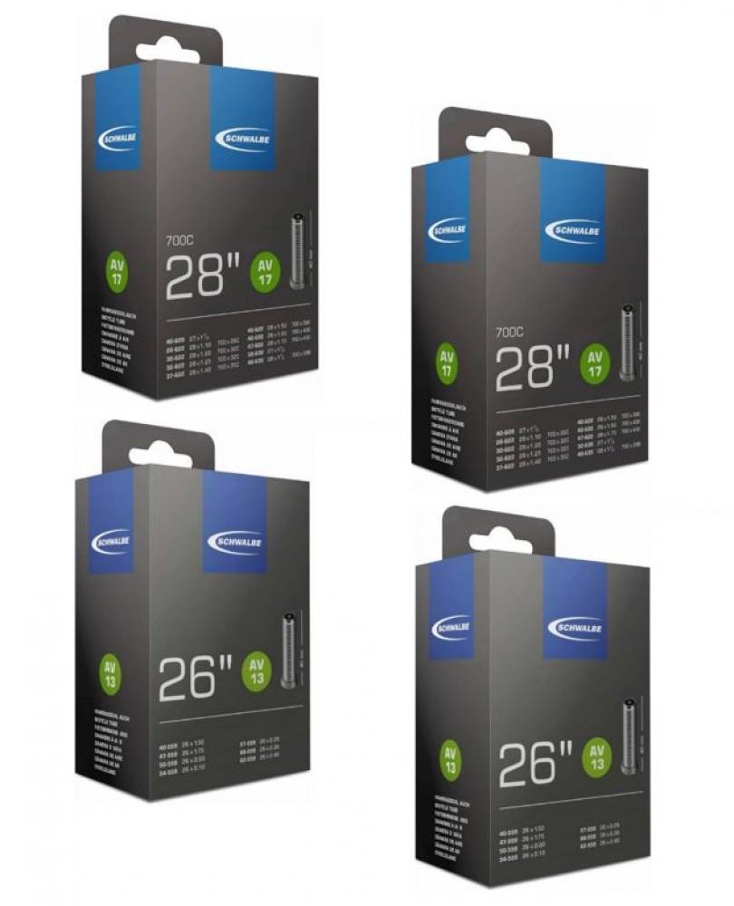 Schwalbe Fahrradschläuche: 2x AV17 28 Zoll (700C) und 2x AV13 26 Zoll Schläuche im Set.