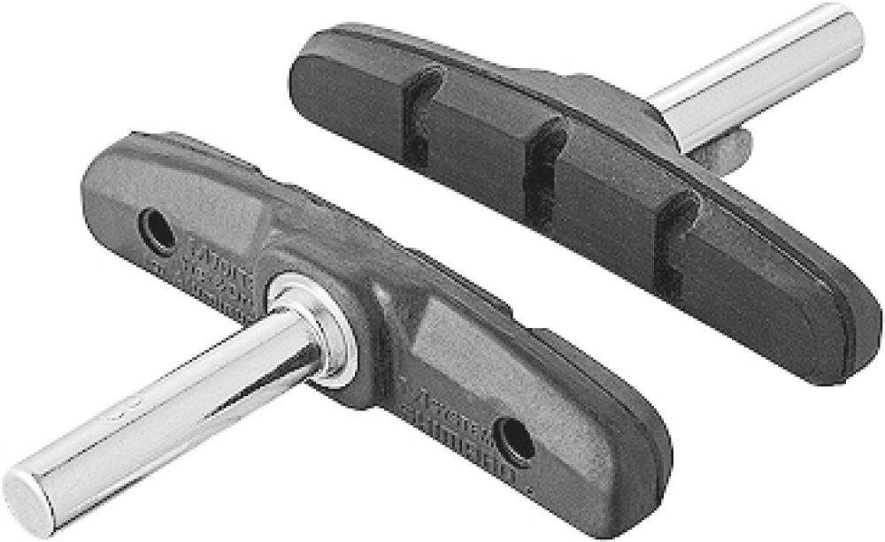 Shimano M70T2 Cantilever Bremsschuhe für zuverlässige Bremsleistung an Fahrrädern, schwarz mit silbernem Bolzen.