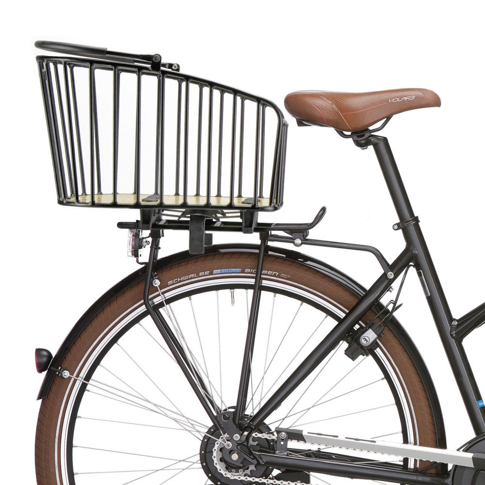 KLICKfix Hinterradkorb Alumino GT Racktime am schwarzen Fahrrad mit braunem Reifen und Sattel.