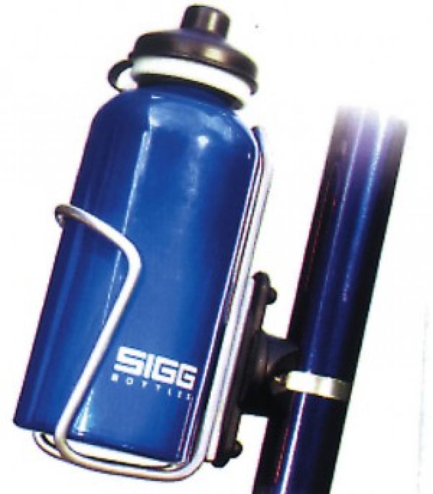 Klickfix Flaschenhalter-Befestigung Bottle-Fix mit blauer SIGG Trinkflasche am Fahrrad montiert.